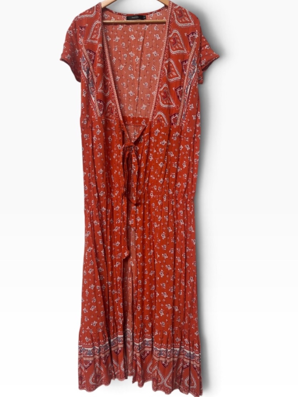 ZESICA Rust Red Floral Print V-Neck Short Sleeve Wrap Maxi Dress Large